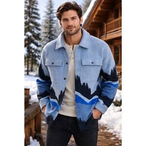 Wild Fable Men’s Mountain Landscape Blue Shacket Sz M/L Pockets Nature Scene EUC